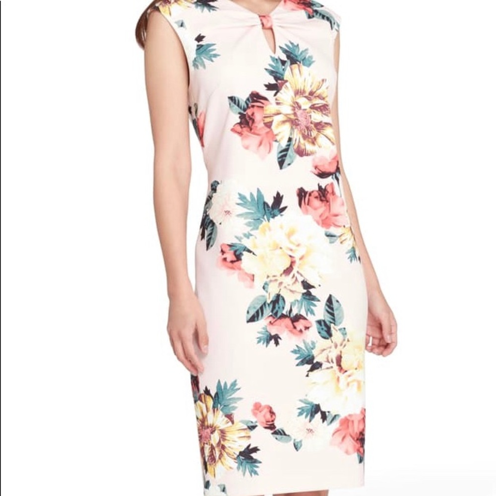 NWOT Tahari Pink Floral Sheath Dress Keyhole Neck